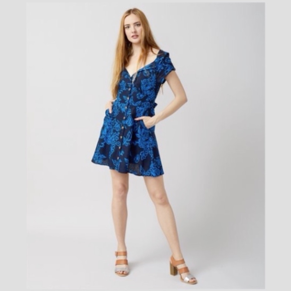 Free People - Navy Floral A Thing Called Love Linen A-Line Dress